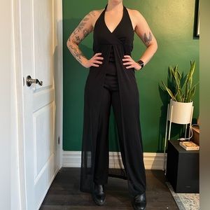 Halter jumpsuit with sheer attached caps